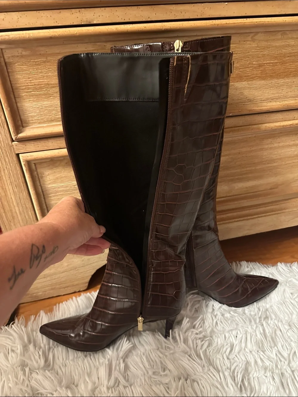 Guess Croc-Embossed Over-the-Knee Boots in Dark Brown